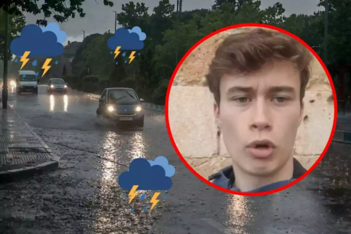 Una carretera mojada por la lluvia con coches circulando y nubes de tormenta dibujadas, junto a un círculo rojo que contiene el rostro de una persona.