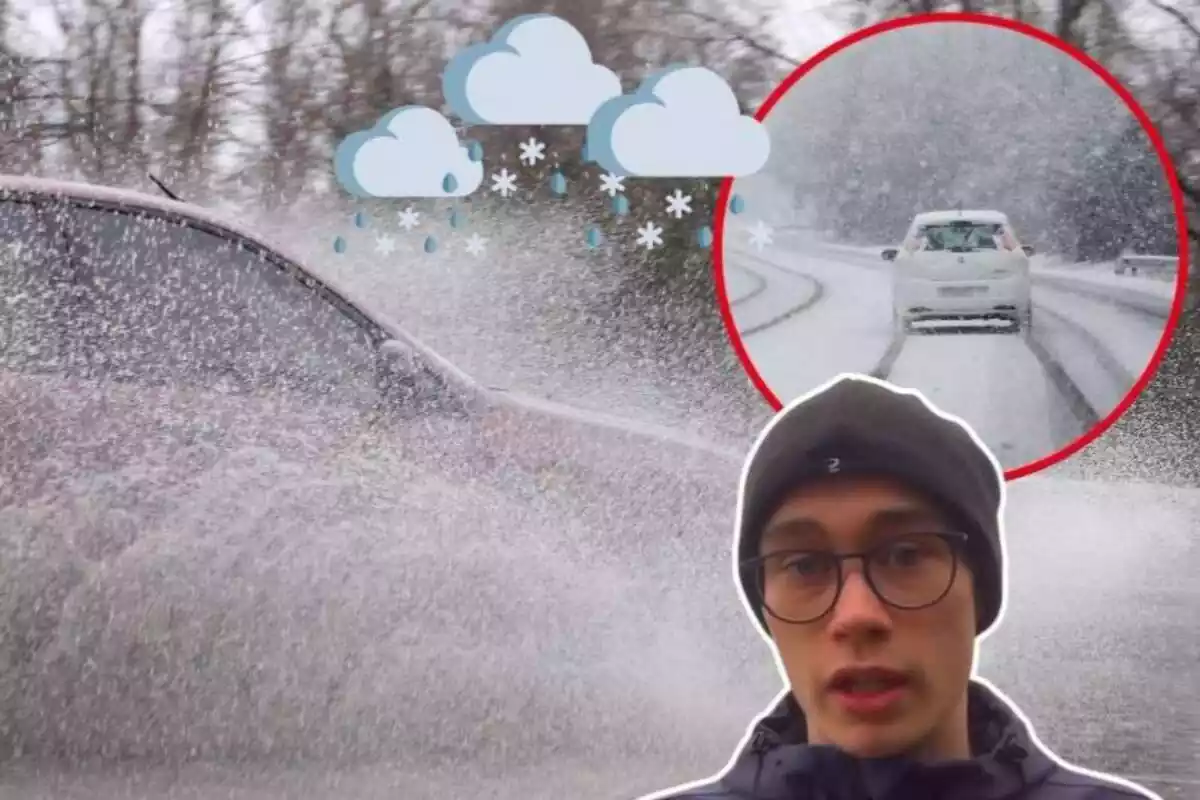 Un coche salpicando agua en una carretera nevada con un gráfico de nubes y nieve, y una persona con gorro y gafas en primer plano.