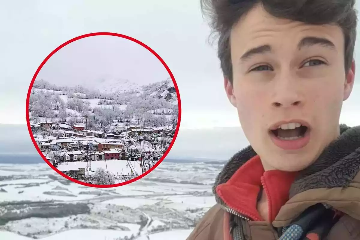 Un joven con expresión sorprendida en un paisaje nevado, con un círculo que muestra un pueblo cubierto de nieve.