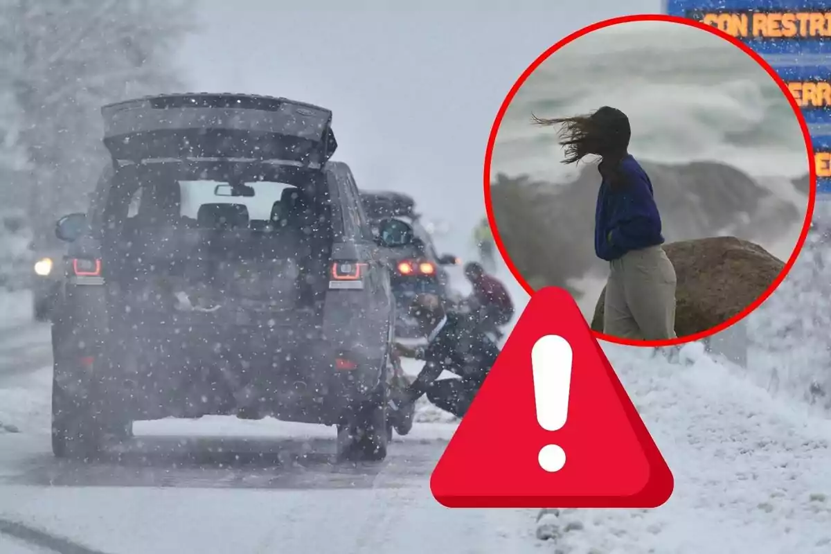 Un coche detenido en una carretera nevada con una persona colocando cadenas en las ruedas, un círculo muestra a una persona de pie en un entorno ventoso cerca del mar y un icono de advertencia en primer plano.