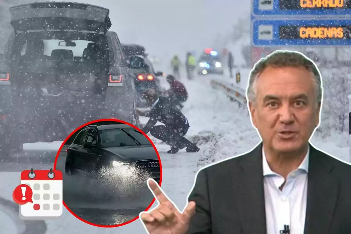 Un hombre hablando frente a una imagen de una carretera nevada con coches detenidos y personas colocando cadenas, junto a un cartel que indica 